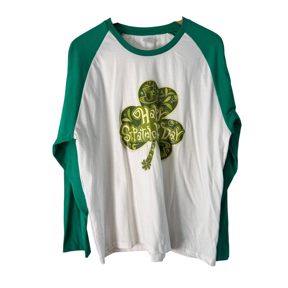 Happy St‎ Patricks Day Raglan Long Sleeve Shirt Green White Shamrock Mens 2XL